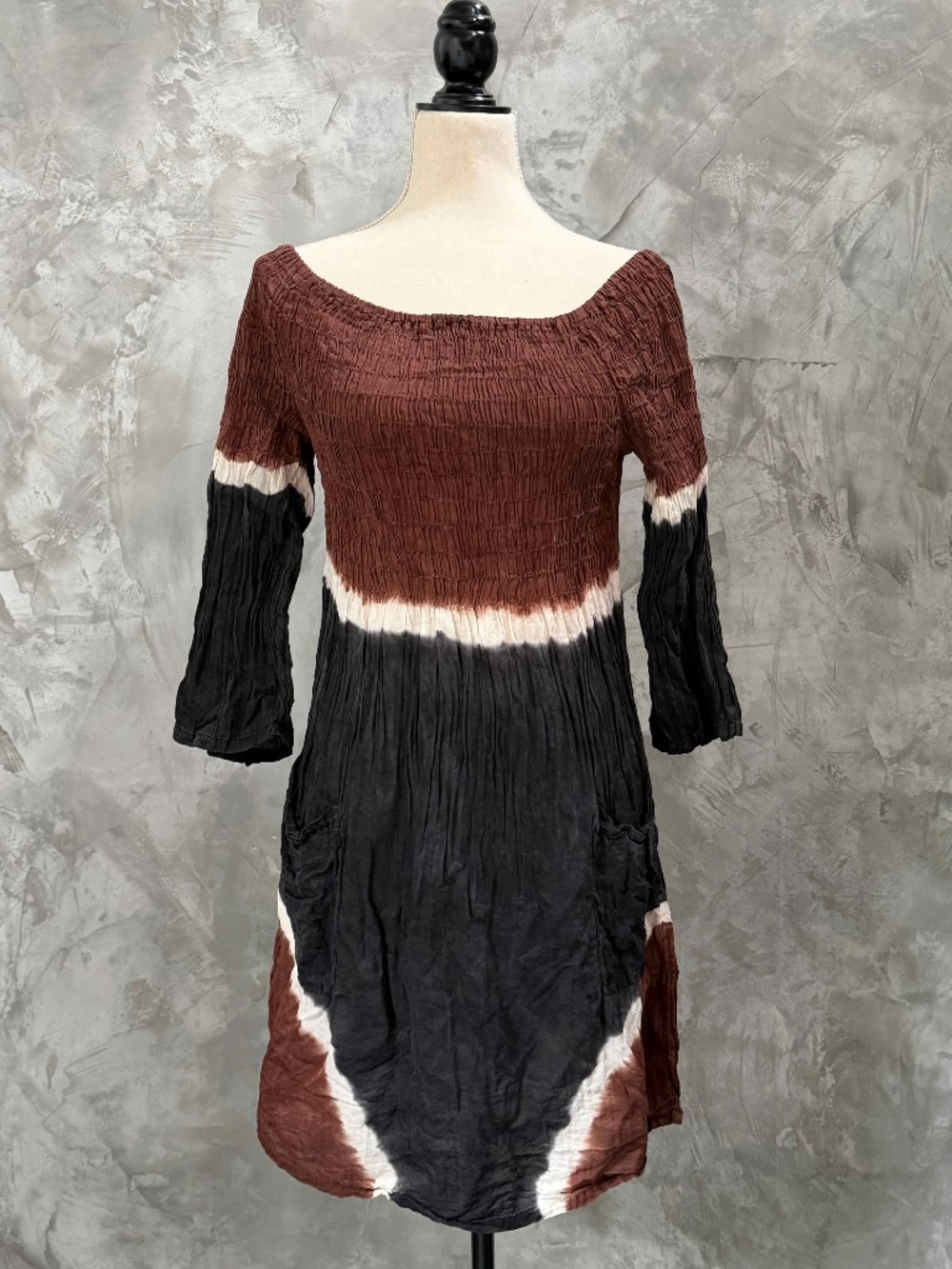 Boho Tie Dye Silk Midi Dress Festival Beach, Smocked Bodice, Small
